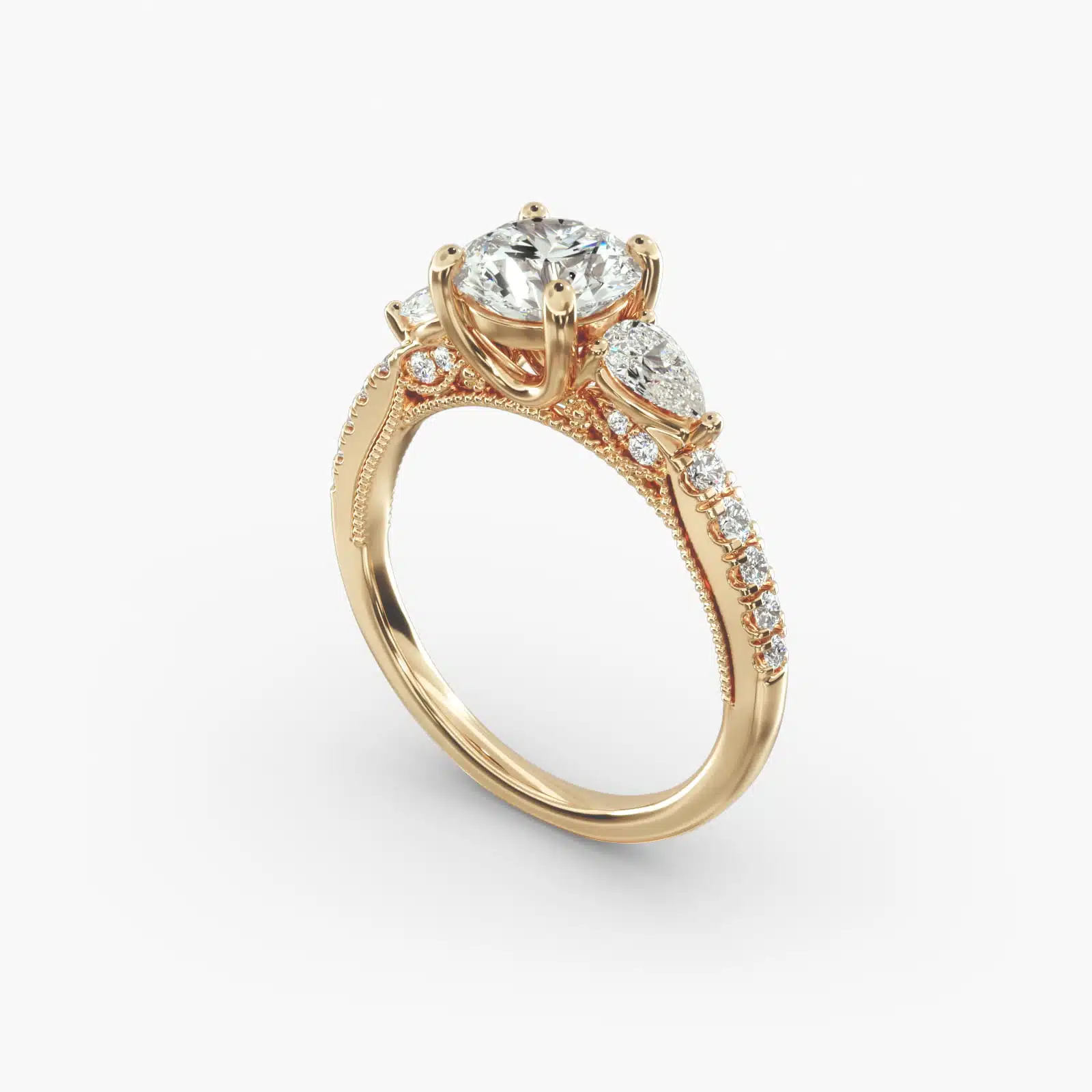 GIA 2.01 Ct Round Diamond Lace Bridge Three-Stone Engagement Ring 2 A professional studio image of a GIA 2.01 carat round diamond engagement ring on a white background, highlighting the Excellent Cut of the center stone and the intricate details of the lace bridge and pavé setting.