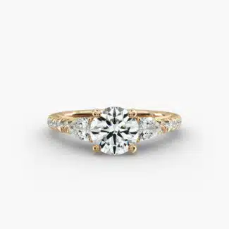 A professional studio image of a GIA 2.01 carat round diamond engagement ring on a white background, highlighting the Excellent Cut of the center stone and the intricate details of the lace bridge and pavé setting.