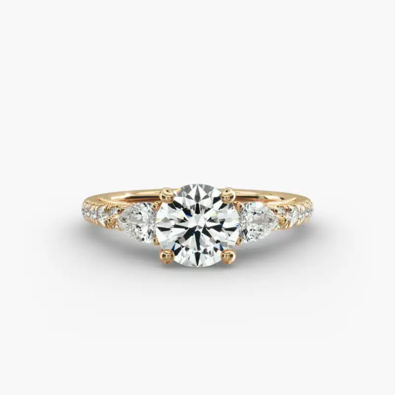 A professional studio image of a GIA 2.01 carat round diamond engagement ring on a white background, highlighting the Excellent Cut of the center stone and the intricate details of the lace bridge and pavé setting.