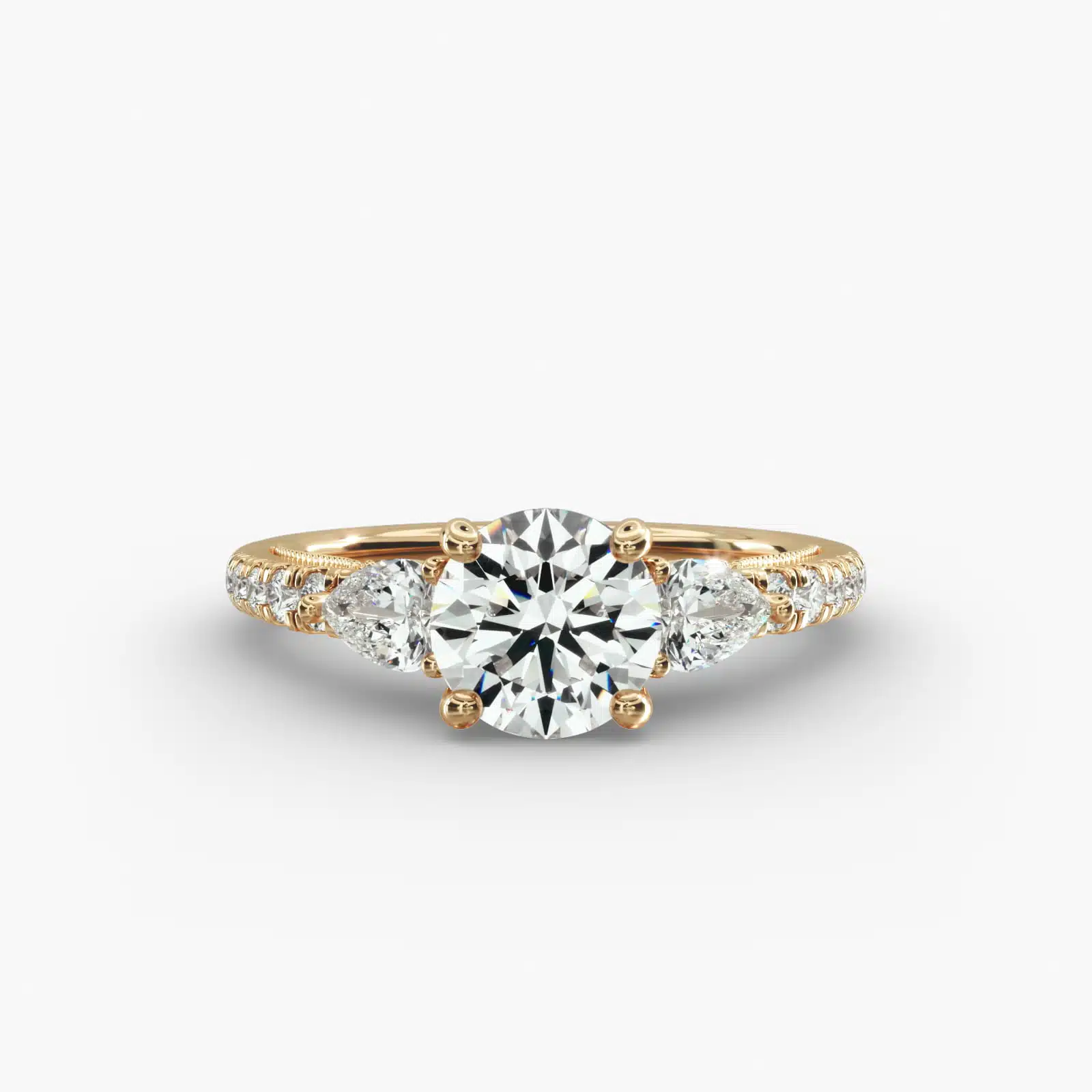 GIA 2.01 Ct Round Diamond Lace Bridge Three-Stone Engagement Ring A professional studio image of a GIA 2.01 carat round diamond engagement ring on a white background, highlighting the Excellent Cut of the center stone and the intricate details of the lace bridge and pavé setting.