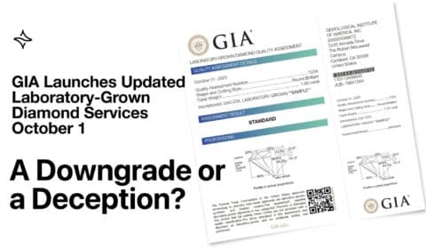 A tilted image featuring a sample of the new GIA Laboratory-Grown Diamond Quality Assessment certificate. The certificate is for a 1.00-carat round brilliant diamond. Bold text to the left of the certificate reads "GIA Launches Updated Laboratory-Grown Diamond Services October 1" and "A Downgrade or a Deception?".