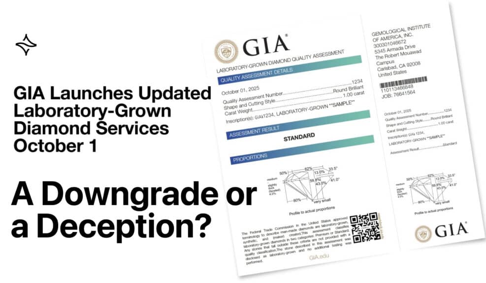 A tilted image featuring a sample of the new GIA Laboratory-Grown Diamond Quality Assessment certificate. The certificate is for a 1.00-carat round brilliant diamond. Bold text to the left of the certificate reads "GIA Launches Updated Laboratory-Grown Diamond Services October 1" and "A Downgrade or a Deception?".