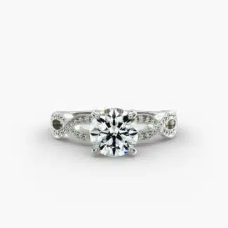 A detailed close-up of a GIA 1.53 carat round brilliant cut diamond ring on a white background, emphasizing the intricate design of the infinity band and the excellent cut of the center diamond.