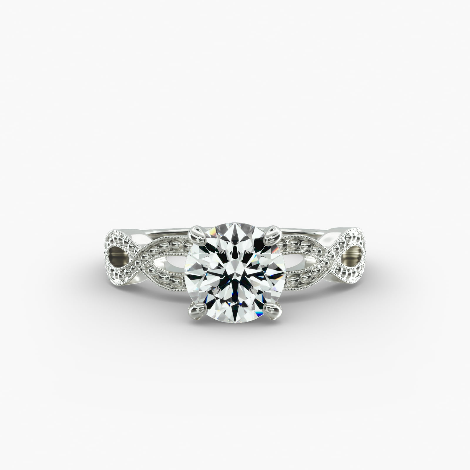 Infinity Vintage-Style Engagement Ring In 14K White Gold A detailed close-up of a GIA 1.53 carat round brilliant cut diamond ring on a white background, emphasizing the intricate design of the infinity band and the excellent cut of the center diamond.