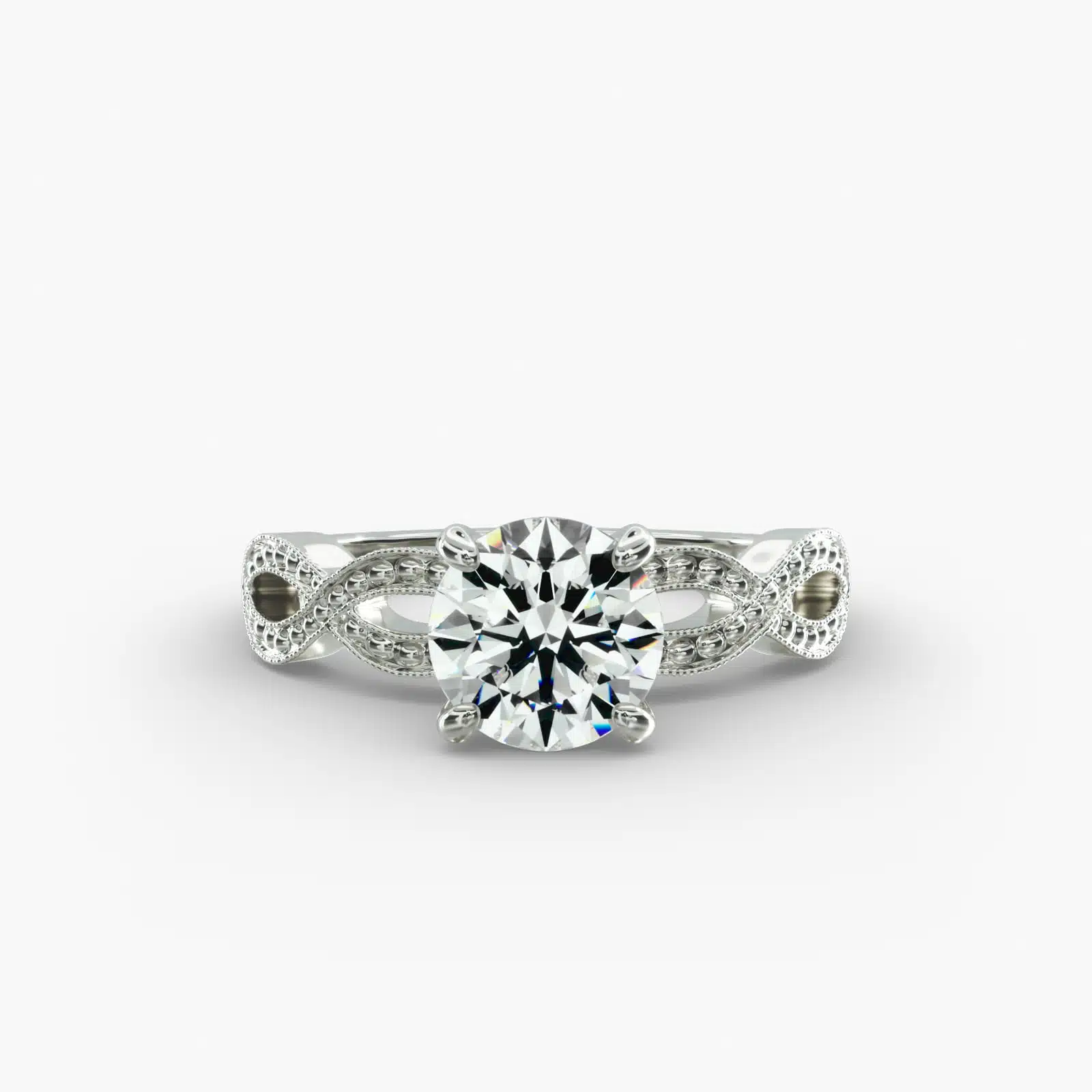 Infinity Vintage-Style Engagement Ring In 14K White Gold A detailed close-up of a GIA 1.53 carat round brilliant cut diamond ring on a white background, emphasizing the intricate design of the infinity band and the excellent cut of the center diamond.