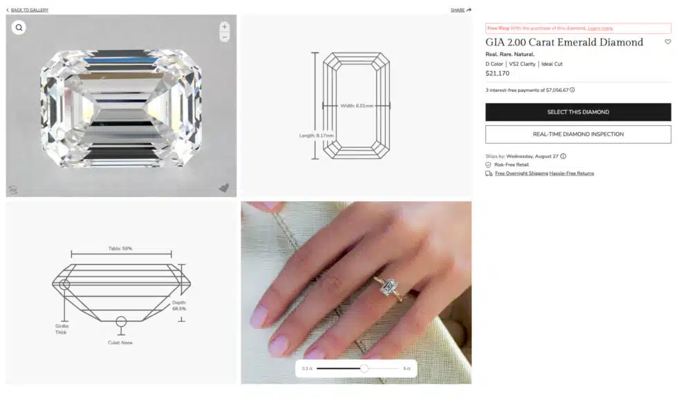 A 2-carat emerald cut diamond being viewed in James Allen's 360-degree HD inspection tool, showcasing its superior viewing technology.