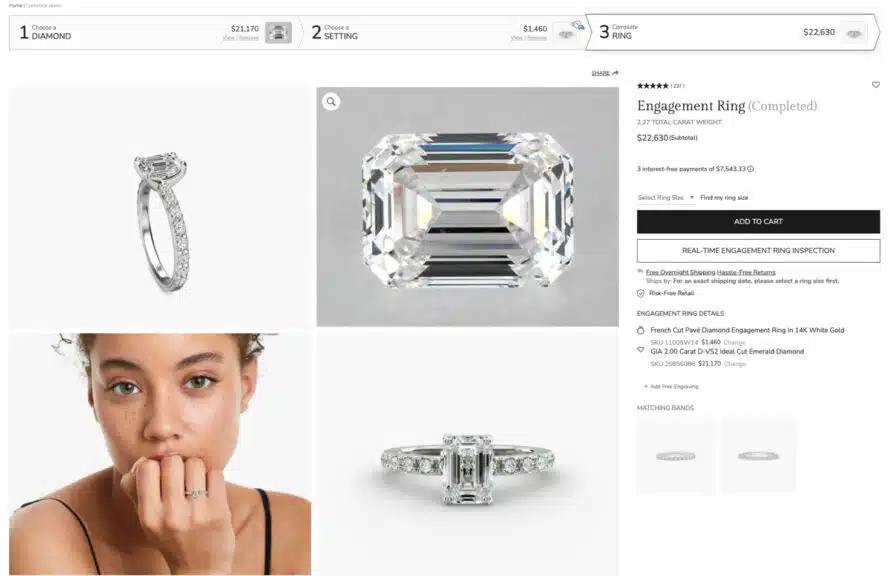 A final summary screenshot on James Allen showing the completed 2-carat D-VS2 emerald cut engagement ring with a total price of $22,630.