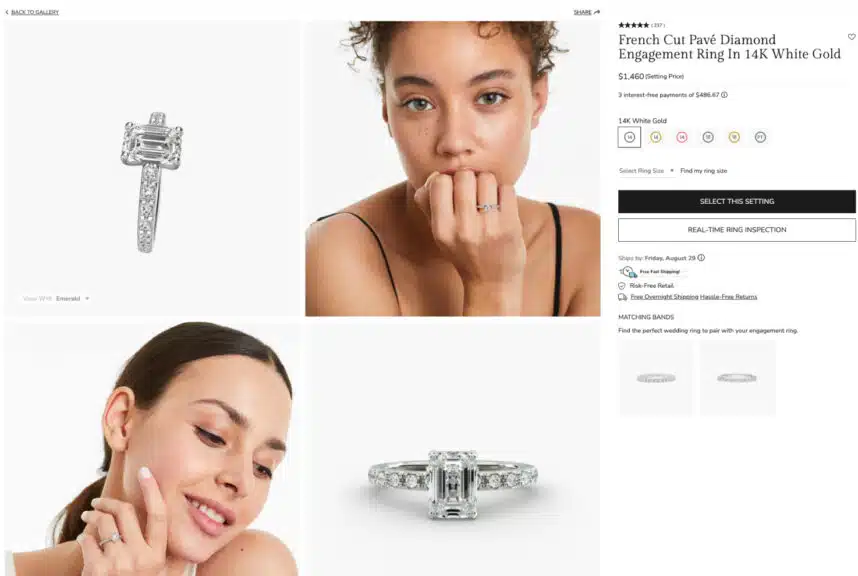 The French Pavé Engagement Ring in 14k white gold selected on James Allen as the setting for the 2-carat emerald cut diamond.
