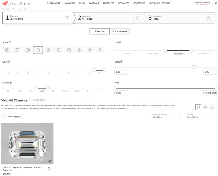 Screenshot of James Allen's website showing diamond search filters set for a 2.00 carat, D-color, VS2-clarity natural emerald cut diamond.