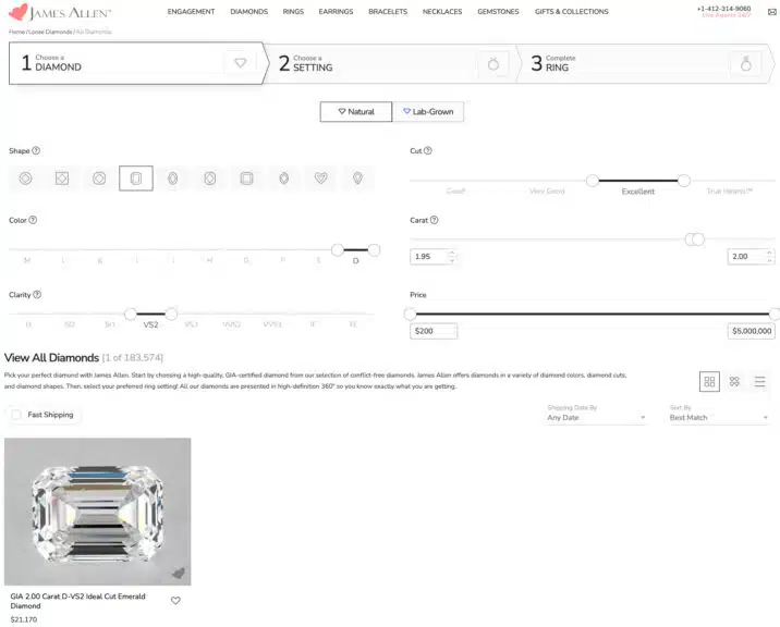 Screenshot of James Allen's website showing diamond search filters set for a 2.00 carat, D-color, VS2-clarity natural emerald cut diamond.