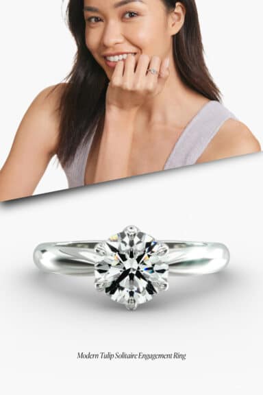 GIA 0.90 Carat G-SI2 Very Good Cut Round Diamond Modern Tulip Solitaire Engagement Ring In Platinum