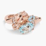 A detailed studio shot of a **Morganite and Aquamarine ring** on a white background, highlighting the distinct prongs and the arrangement of the pink morganite and blue aquamarine stones.