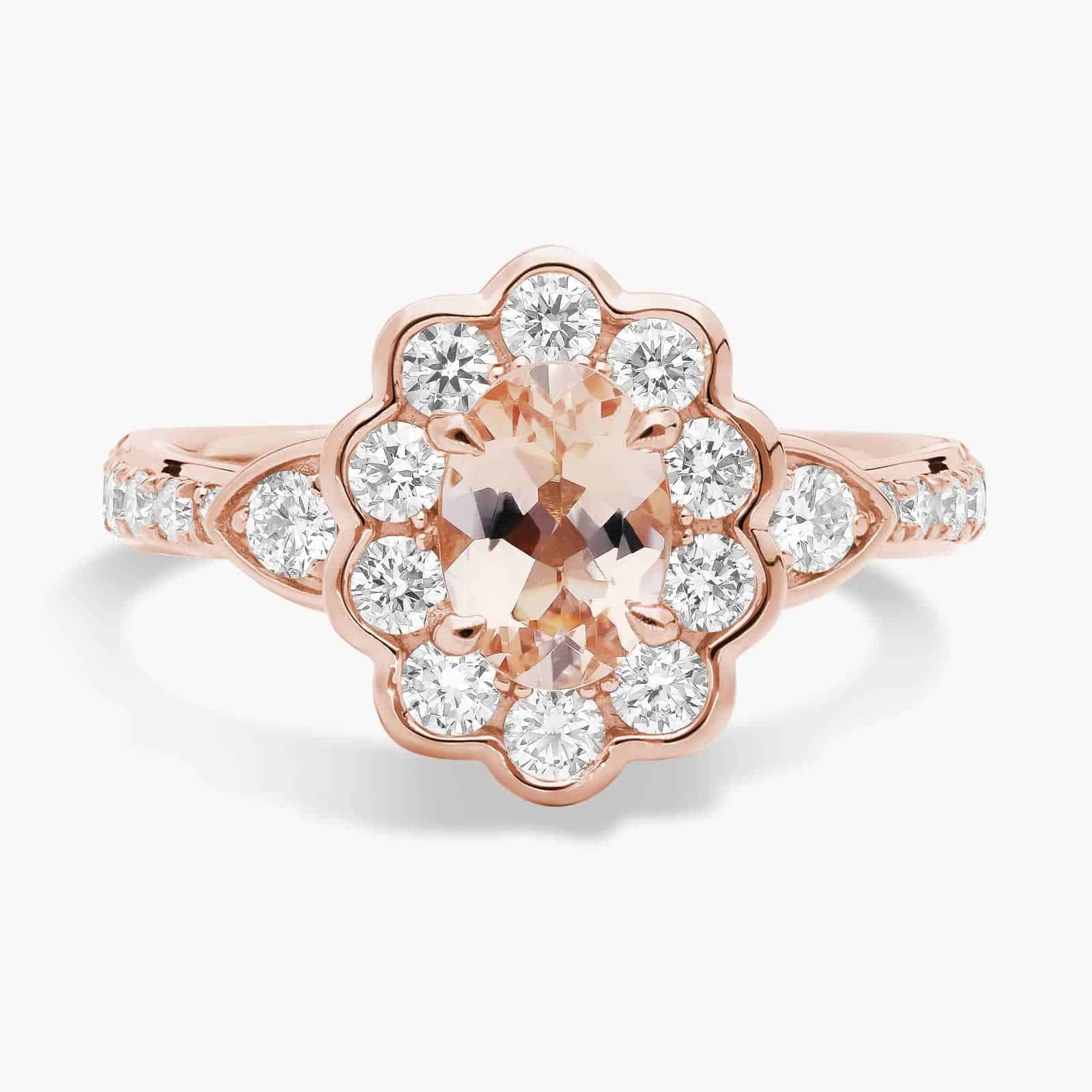 A close-up studio shot of a **Morganite Floral Engagement Ring** on a white background, highlighting the unique floral halo design and the brilliant sparkle of the diamonds.