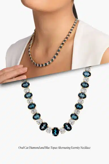 Oval Cut Diamond and Blue Topaz Eternity Necklace – Wedding Jewelry Ideas for Bride