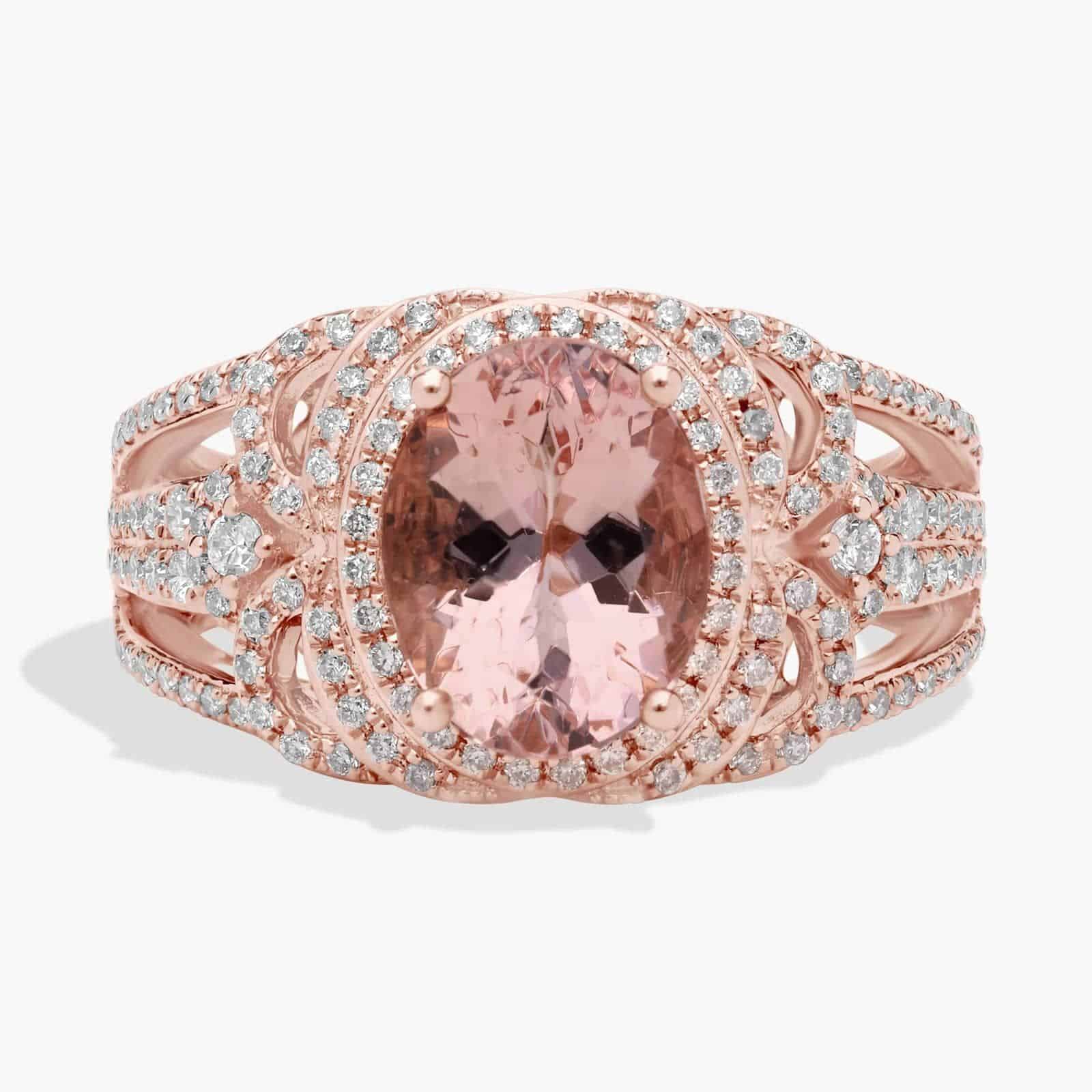 Oval Morganite Ring with Ornate Diamond Halo in 14k Rose Gold