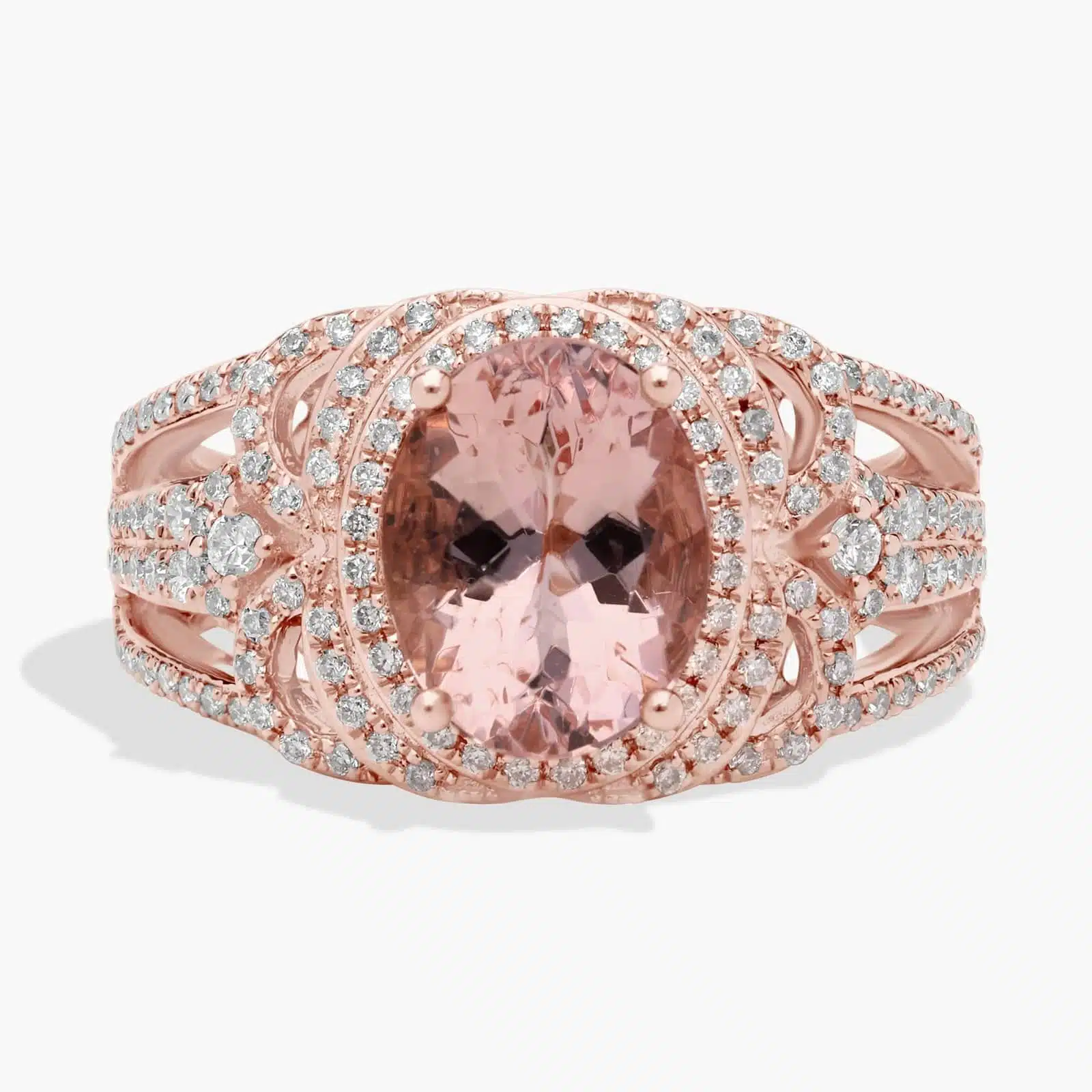Oval Morganite Ring with Ornate Diamond Halo in 14k Rose Gold