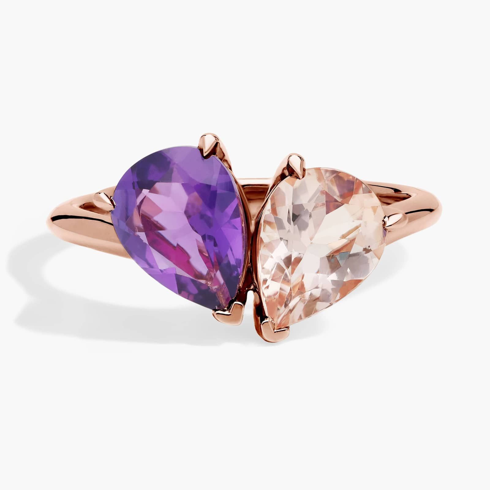 Pear Amethyst and Morganite Two Stone Ring in 14 Rose Gold