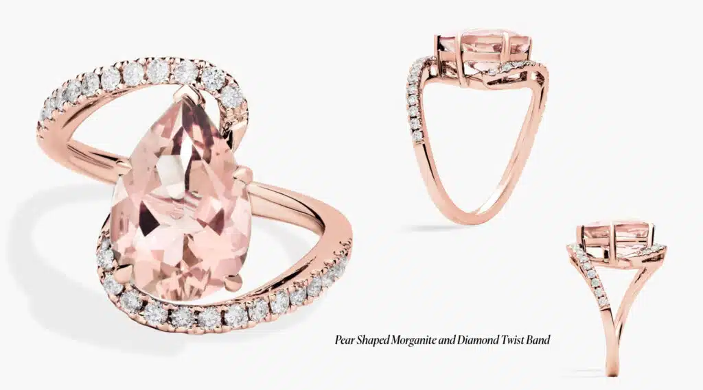 Pear Shaped Morganite and Diamond Twist Band in 14k Rose Gold (12x8mm)