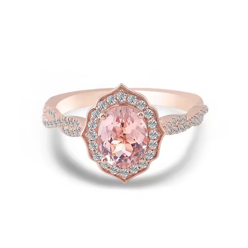 Modified Sakura Cut Moissanite Engagement Ring in solid gold with oval cut Sakura Pink and round DEF VVS moissanites.
