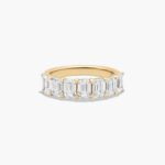 A seven stone emerald cut lab diamond anniversary ring with 2 ctw of stones set in a 14k yellow gold shared prong band, shown on a white background.