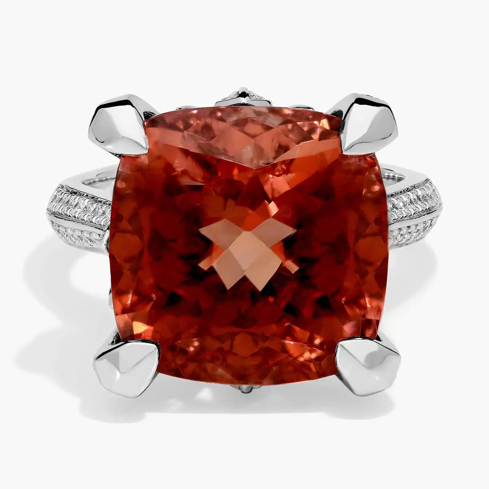 Square Fire Morganite and Diamond Ring in 18k White Gold (14x14mm)