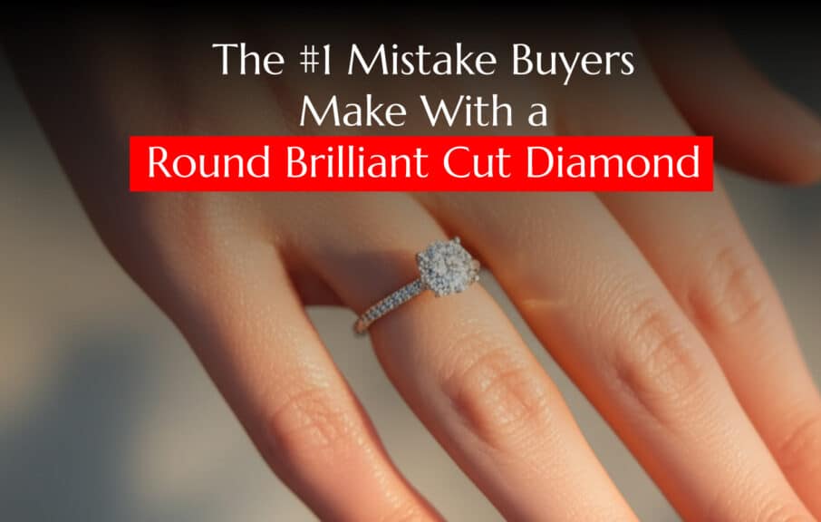 A close-up of a woman's hand wearing a Round Brilliant Cut Diamond engagement ring with a pave setting. The hand is softly lit, and the background is a blurred, sandy color.
