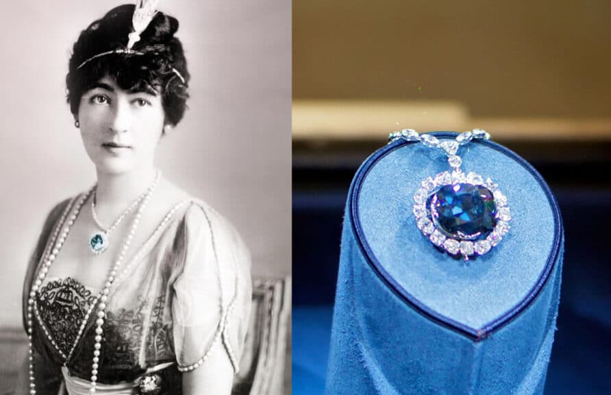 A side-by-side image. On the left, a black and white portrait of Evalyn Walsh McLean wearing the Hope Diamond on a necklace. On the right, the Hope Diamond is shown on a modern necklace and displayed on a blue velvet stand. The diamond is a large, deep blue color, surrounded by white diamonds.