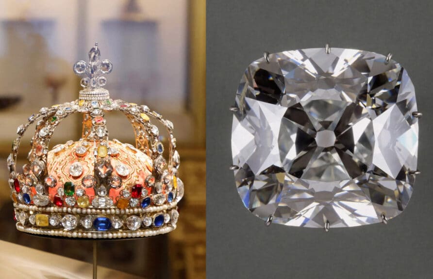 A side-by-side image. On the left is the elaborate coronation crown of Louis XV, adorned with numerous jewels including the famous Regent Diamond at the very front. On the right is a close-up image of the cushion-cut Regent Diamond itself, a large, brilliant white gemstone held by prongs.