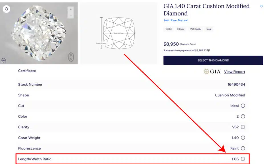 
A screenshot of a diamond listing page for a GIA 1.40-carat cushion modified diamond, showing its price, GIA report details, and specifications including an E color, VS2 clarity, and a length/width ratio of 1.06.