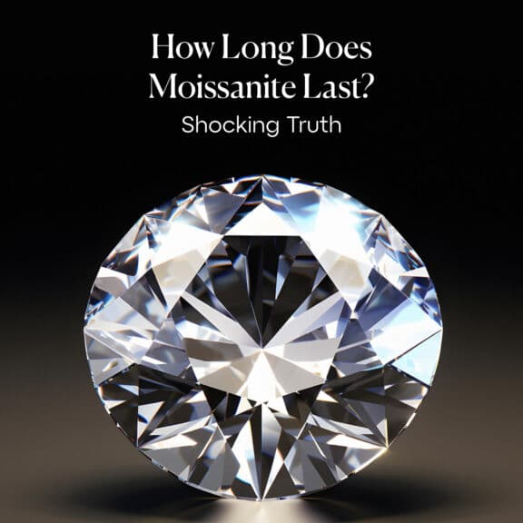 Feature image for a blog post titled "How Long Does Moissanite Last? Shocking Truth." It shows a large, brilliant, round-cut moissanite gemstone sitting on a dark surface, sparkling intensely under a light source. The image highlights the stone's exceptional clarity, sharp facets, and durability, representing a "forever stone."
