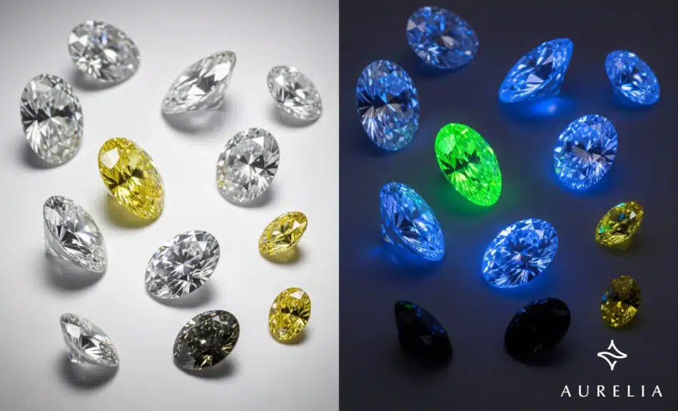 This is a professional, high-impact diptych created to visually explain the concept of what is diamond fluorescence. The image is split into two panels:
The Left Panel displays a collection of thirteen loose, brilliant-cut diamonds of various shapes (primarily oval) artfully scattered on a clean, light-gray studio background under bright, even lighting. The diamonds include a mix of colorless, fancy yellow, and one heavily included "salt-and-pepper" diamond.
The Right Panel shows the exact same diamonds in the exact same positions, but photographed under a strong ultraviolet (UV) or "black light" source against a dark background. This panel dramatically reveals the fluorescence of a diamond.
The fluorescence effect is clearly demonstrated:
The colorless diamonds exhibit a powerful and vibrant blue fluorescence.
One of the fancy yellow diamonds shows a striking, intense green fluorescence.
Two smaller yellow diamonds show a much softer, more subtle yellow fluorescence.
Crucially, the heavily included "salt-and-pepper" diamond remains dark and inert, demonstrating that not all real diamonds fluoresce.
This image serves as the definitive visual aid for the article, instantly clarifying for the reader what diamonds under ultraviolet light look like and proving that fluorescence is a varied, natural characteristic that can produce a range of stunning colors.