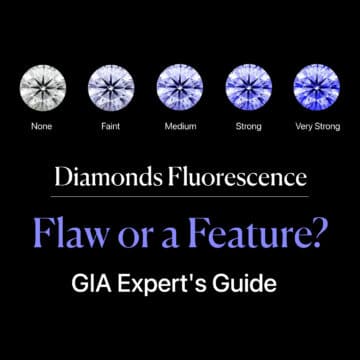 A featured image for an article titled "Diamonds Fluorescence: Flaw or a Feature? - A GIA Expert's Guide". The image displays the official diamond fluorescence scale, showing five round brilliant-cut diamonds in a row against a black background. From left to right, the diamonds visually demonstrate the progression of the glow's intensity, starting from 'None' (a standard white diamond) and moving through 'Faint,' 'Medium,' 'Strong,' and 'Very Strong' (a diamond with a powerful, vivid blue glow). This infographic serves as a visual guide to the central question of whether the glow from diamonds under ultraviolet light is a good or bad characteristic.