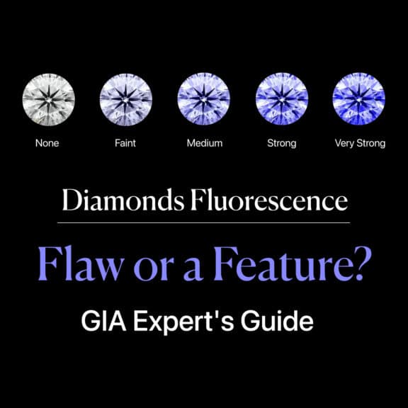 A featured image for an article titled "Diamonds Fluorescence: Flaw or a Feature? - A GIA Expert's Guide". The image displays the official diamond fluorescence scale, showing five round brilliant-cut diamonds in a row against a black background. From left to right, the diamonds visually demonstrate the progression of the glow's intensity, starting from 'None' (a standard white diamond) and moving through 'Faint,' 'Medium,' 'Strong,' and 'Very Strong' (a diamond with a powerful, vivid blue glow). This infographic serves as a visual guide to the central question of whether the glow from diamonds under ultraviolet light is a good or bad characteristic.