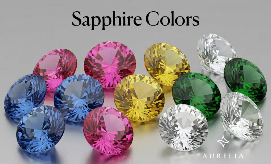 A high-quality image titled "Sapphire Colors" showing a collection of loose, brilliant-cut sapphires artfully scattered on a clean gray background. The gems display a rainbow of vibrant colors, including deep blue, hot pink, sunny yellow, rich green, and brilliant colorless (white) sapphires, demonstrating the full range of the September birthstone color.