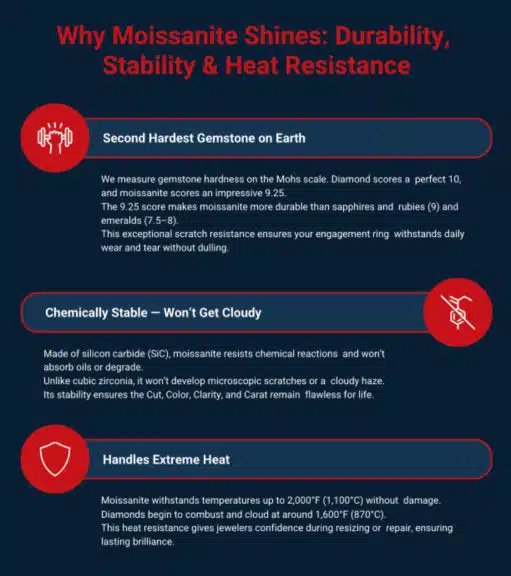 A vertical infographic with a dark blue background and red accents that explains the scientific reasons for moissanite's longevity. Under the title "Why Moissanite Shines: Durability, Stability & Heat Resistance," it lists three key points, each with an icon and a detailed explanation: "Second Hardest Gemstone on Earth," "Chemically Stable – Won’t Get Cloudy," and "Handles Extreme Heat." The graphic is designed to be informative and reassuring for potential buyers.

An infographic titled "Why Moissanite Shines: Durability, Stability & Heat Resistance." It details three key scientific properties of moissanite: 1. It is the second hardest gemstone on Earth, with a 9.25 Mohs rating, ensuring scratch resistance. 2. It is chemically stable and made of silicon carbide, meaning it won't get cloudy. 3. It handles extreme heat up to 2,000°F, making it durable during jewelry repairs.
