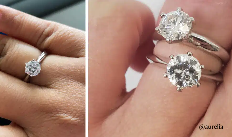 A side-by-side image showcasing a six-prong solitaire Sakura cut moissanite engagement ring. The left panel features the ring worn on a finger, displaying its elegant and brilliant appearance in a real-world setting. The right panel shows a close-up comparison of two similar Sakura cut solitaire rings held between fingers, allowing for a detailed view of the gemstones' sparkle, proportions, and classic six-prong setting. The watermark "@aurelia" is in the bottom right corner.