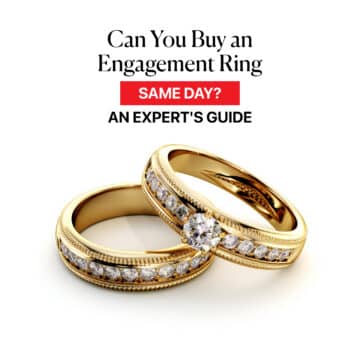 An expert's guide on how you can buy an engagement ring same day, featuring a beautiful yellow gold engagement ring and matching wedding band with channel-set diamonds, ready for fast overnight shipping.
