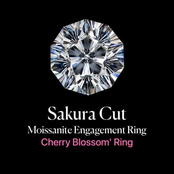 Feature image for a guide to the Sakura Cut moissanite engagement ring, also known as the 'Cherry Blossom' Ring. The image shows a detailed, top-down view of a Sakura Cut gemstone against a solid black background. The intricate, 8-petal floral facet pattern is clearly visible, showcasing the unique artistry of the cut. The text below reads "Sakura Cut Moissanite Engagement Ring" and, in pink, "'Cherry Blossom' Ring".