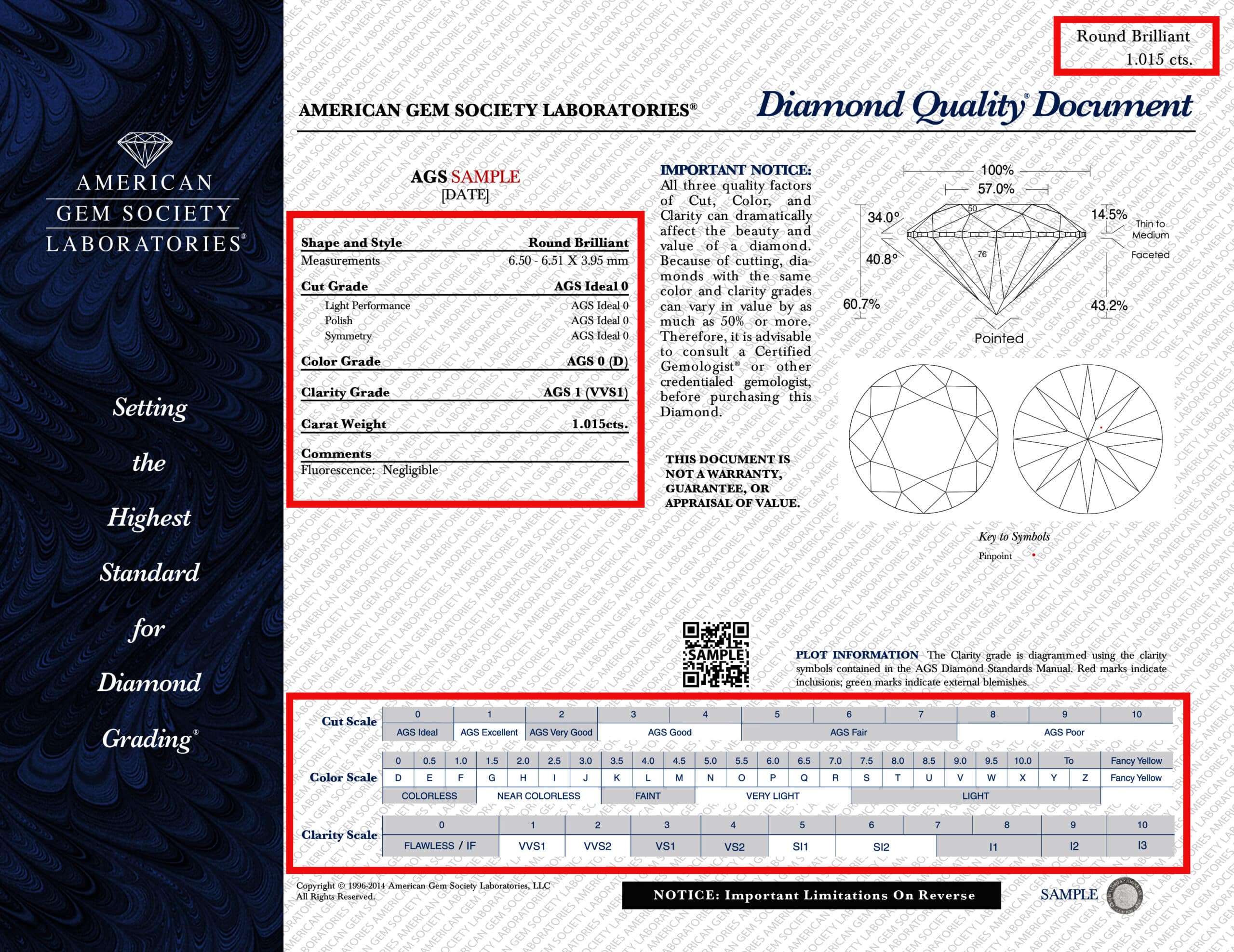 A sample AGS Diamond Quality Document for a 1.015-carat round brilliant diamond, detailing its AGS Ideal 0 cut grade, color, clarity, and proportions.