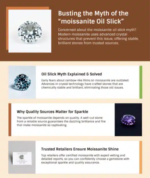 A detailed infographic titled "Busting the Myth of the 'moissanite Oil Slick'" designed to reassure buyers. The top section features a large, round, colorless moissanite and text explaining that modern moissanite's advanced crystal structures prevent the "oil slick" issue. The infographic is divided into three subsequent sections. The first, "Oil Slick Myth Explained & Solved," shows a blue moissanite and explains that early fears of rainbow-like films are outdated due to advances in crystal technology. The second section, "Why Quality Sources Matter for Sparkle," displays a purple moissanite and states that a well-cut stone from a reliable source is essential for the gemstone's brilliance and fire. The final section, "Trusted Retailers Ensure Moissanite Shine," shows a jewelry certificate and explains that top retailers offer certified moissanite with expert vetting, providing quality assurance and confidence for the buyer.