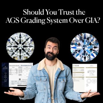 A confused man shrugging, visually comparing the AGS grading system report to a GIA report, with a 'hearts and arrows' diamond on the AGS side and a brilliant diamond on the GIA side, under the title "Should You Trust the AGS Grading System Over GIA?"