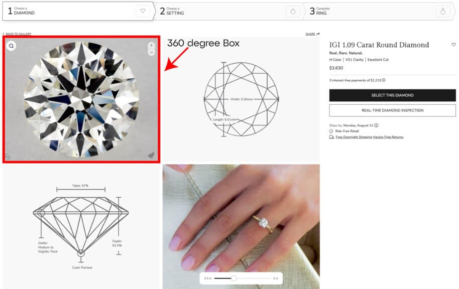 A screenshot of the James Allen website interface, demonstrating their superpower: the 360-degree video technology used to inspect an IGI-certified round diamond, a key reason they are one of the best places to buy engagement rings online.