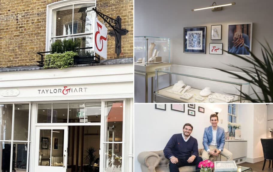 A collage of the Taylor & Hart London showroom and its founders, showcasing the personal, boutique experience that makes them one of the best places to buy engagement rings for custom design.
