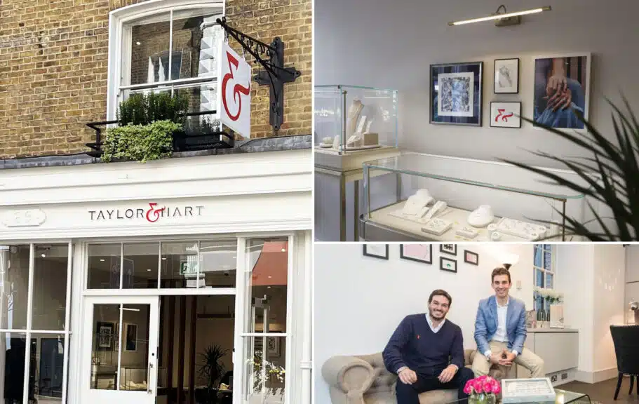 A collage of the Taylor & Hart London showroom and its founders, showcasing the personal, boutique experience that makes them one of the best places to buy engagement rings for custom design.