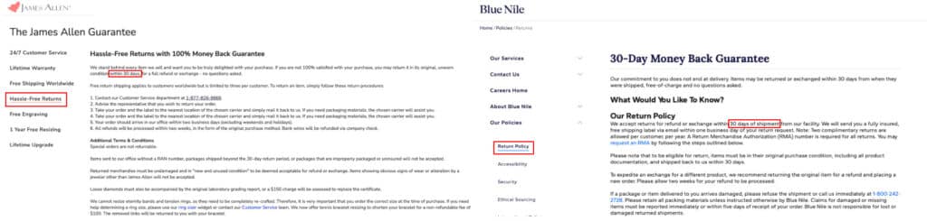 A side-by-side comparison screenshot for our expert guide on the best places to buy engagement rings. The image displays the official 30-day return policy pages from James Allen and Blue Nile, highlighting their "Hassle-Free" and "Money Back Guarantee" promises. This visual serves as concrete proof for our "Expert Playbook" section, emphasizing the importance of a robust, risk-free return policy as a non-negotiable standard for any reputable online jeweler. This builds immense trust with the reader by showing them exactly what to look for.
