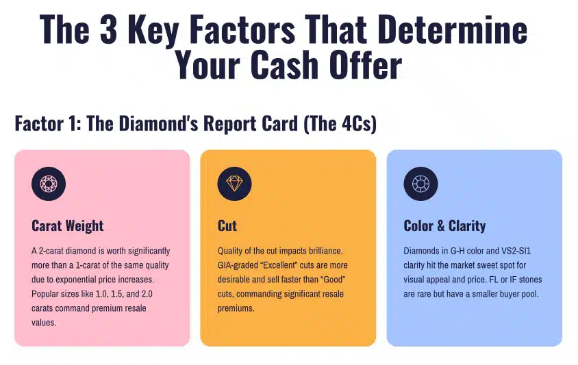  An infographic explaining the 3 key factors that determine a diamond's cash offer, focusing on the 4Cs. The graphic highlights Carat Weight, noting its exponential impact on resale value; Cut, emphasizing that GIA 'Excellent' grades sell for more; and Color & Clarity, identifying the G-H color and VS2-SI1 clarity range as the market sweet spot for price and visual appeal.