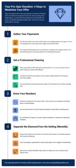 A detailed infographic titled "Your Pre-Sale Checklist: 4 Steps to Maximize Your Offer." The checklist outlines four key steps for selling a diamond: 1. Gather Your Paperwork, including a GIA certificate or original sales receipt. 2. Get a Professional Cleaning to enhance the diamond's sparkle. 3. Know Your Numbers by reviewing the 4Cs and using them for online calculators. 4. Separate the Diamond from the Setting (Mentally), understanding that the offer is based on the center stone's value, while the setting is valued as scrap metal and side stones have little resale value.