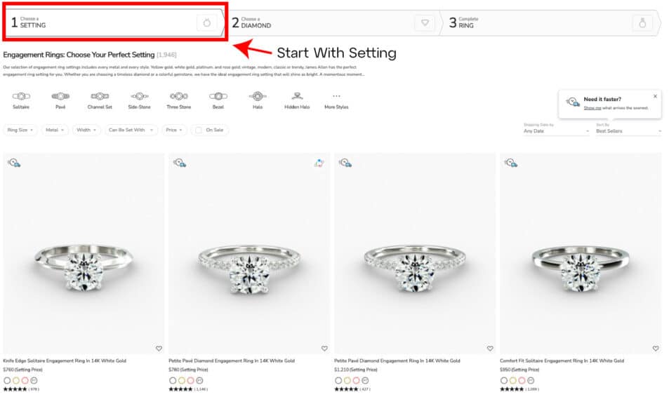 A screenshot of the James Allen Ring Studio interface, showing the first step is to choose a setting, which is an expert tip for shopping at one of the best places to buy engagement rings.
