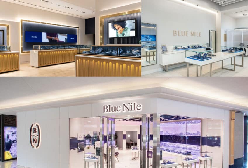 A collage of images showcasing the modern, clean interiors and storefronts of Blue Nile showrooms across the USA, highlighting their physical presence as one of the best places to buy engagement rings.