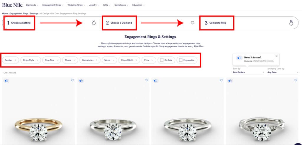 Screenshot of the Blue Nile "Build Your Own Ring" tool, demonstrating their vast selection of settings, a key reason they are one of the best places to buy engagement rings for classic and designer style